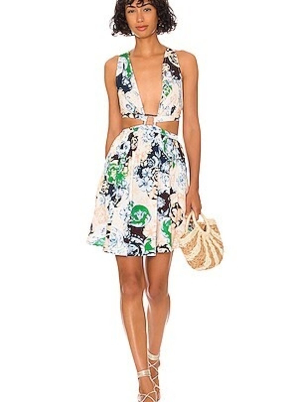 Agua Bendita Floral Backless Mini Dress in White, Green & Navy